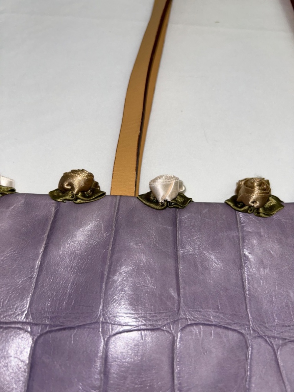 Falor-Le Borse Lavender Italian Leather Crock Embossed Tote with Floral Rosettes - Picture 5 of 16